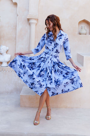 Audrey Dress #2 Shirt Collar 3/4 Sleeve Long Length Cotton Stretch (Thorn Bud Rose Small Ground)