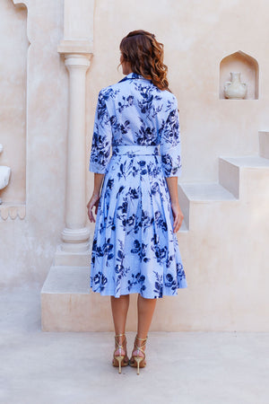 Audrey Dress #2 Shirt Collar 3/4 Sleeve Long Length Cotton Stretch (Thorn Bud Rose Small Ground)