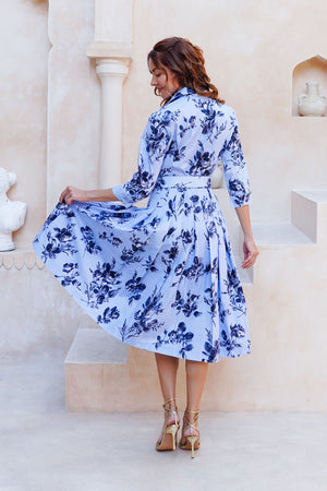 Audrey Dress #2 Shirt Collar 3/4 Sleeve Long Length Cotton Stretch (Thorn Bud Rose Small Ground)