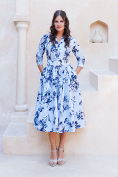 Terry Dress Shirt Collar 3/4 Sleeve Midi Plus Length Poliamide Taffta (Thorn Bud Rose Ground)