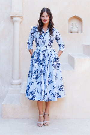 Terry Dress Shirt Collar 3/4 Sleeve Midi Plus Length Poliamide Taffta (Thorn Bud Rose Small Ground)