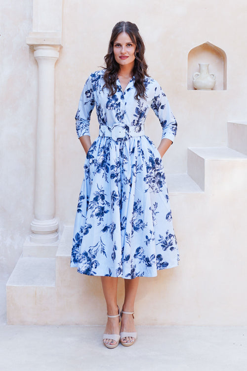 Terry Dress Shirt Collar 3/4 Sleeve Midi Plus Length Poliamide Taffta (Thorn Bud Rose Small Ground)