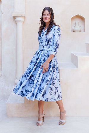 Terry Dress Shirt Collar 3/4 Sleeve Midi Plus Length Poliamide Taffta (Thorn Bud Rose Small Ground)