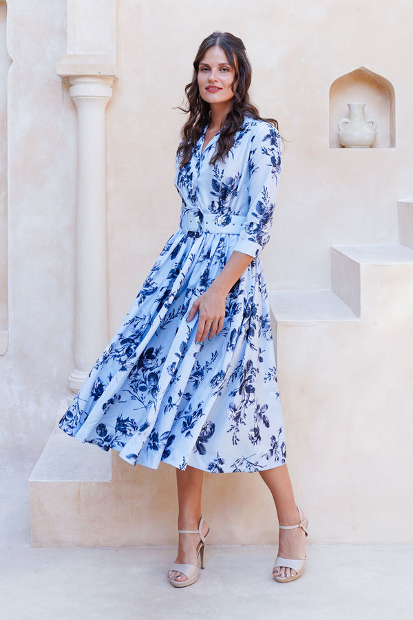 Terry Dress Shirt Collar 3/4 Sleeve Midi Plus Length Poliamide Taffta (Thorn Bud Rose Small Ground)