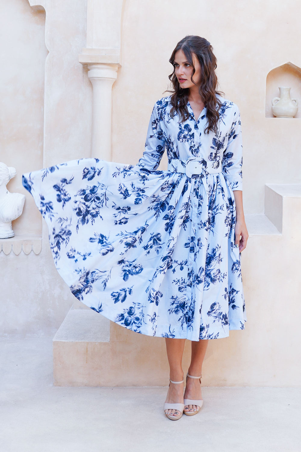 Terry Dress Shirt Collar 3/4 Sleeve Midi Plus Length Poliamide Taffta (Thorn Bud Rose Small Ground)