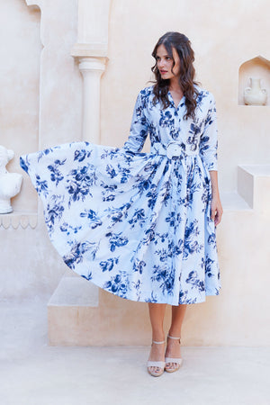 Terry Dress Shirt Collar 3/4 Sleeve Midi Plus Length Poliamide Taffta (Thorn Bud Rose Small Ground)