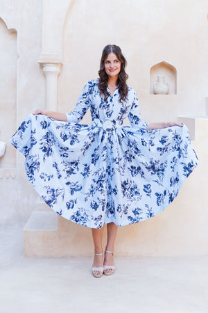 Terry Dress Shirt Collar 3/4 Sleeve Midi Plus Length Poliamide Taffta (Thorn Bud Rose Small Ground)