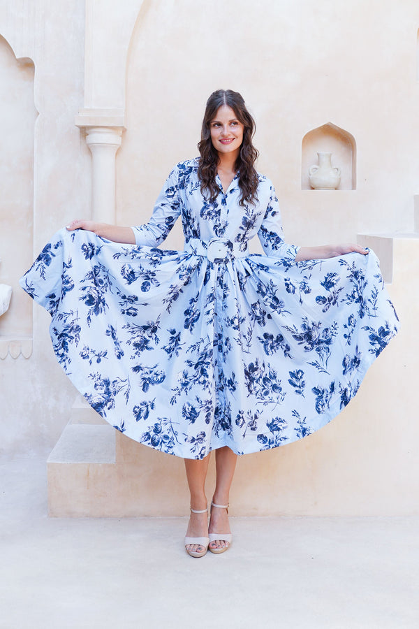 Terry Dress Shirt Collar 3/4 Sleeve Midi Plus Length Poliamide Taffta (Thorn Bud Rose Small Ground)