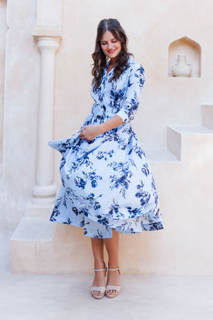 Terry Dress Shirt Collar 3/4 Sleeve Midi Plus Length Poliamide Taffta (Thorn Bud Rose Small Ground)