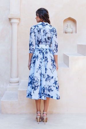 Terry Dress Shirt Collar 3/4 Sleeve Midi Plus Length Poliamide Taffta (Thorn Bud Rose Small Ground)