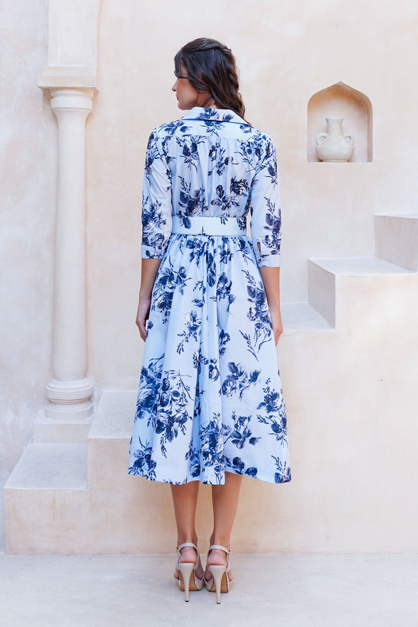 Terry Dress Shirt Collar 3/4 Sleeve Midi Plus Length Poliamide Taffta (Thorn Bud Rose Small Ground)