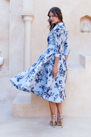 Terry Dress Shirt Collar 3/4 Sleeve Midi Plus Length Poliamide Taffta (Thorn Bud Rose Small Ground)