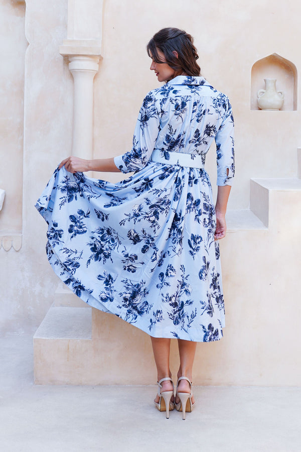 Terry Dress Shirt Collar 3/4 Sleeve Midi Plus Length Poliamide Taffta (Thorn Bud Rose Small Ground)