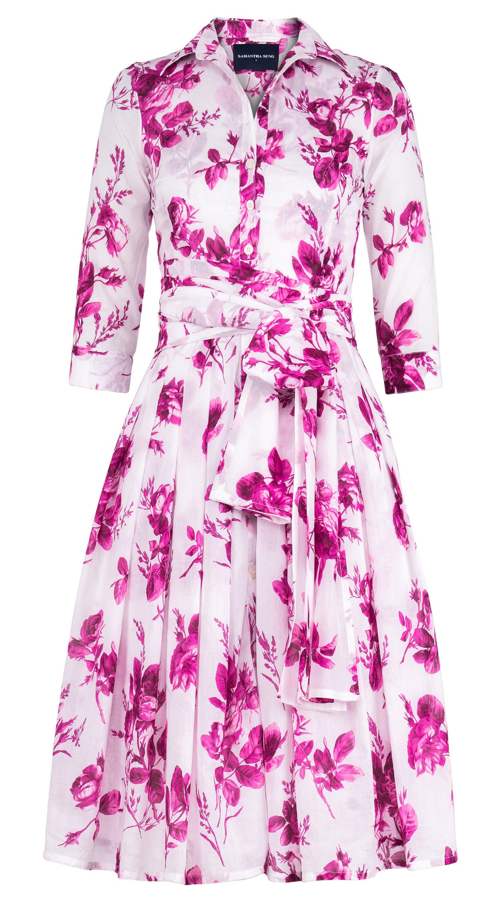 Audrey Dress #4 Shirt Collar 3/4 Sleeve Long Length Cotton Musola (Thorn Bud Rose Small White)