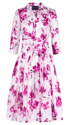 Audrey Dress #4 Shirt Collar 3/4 Sleeve Long Length Cotton Musola (Thorn Bud Rose White)
