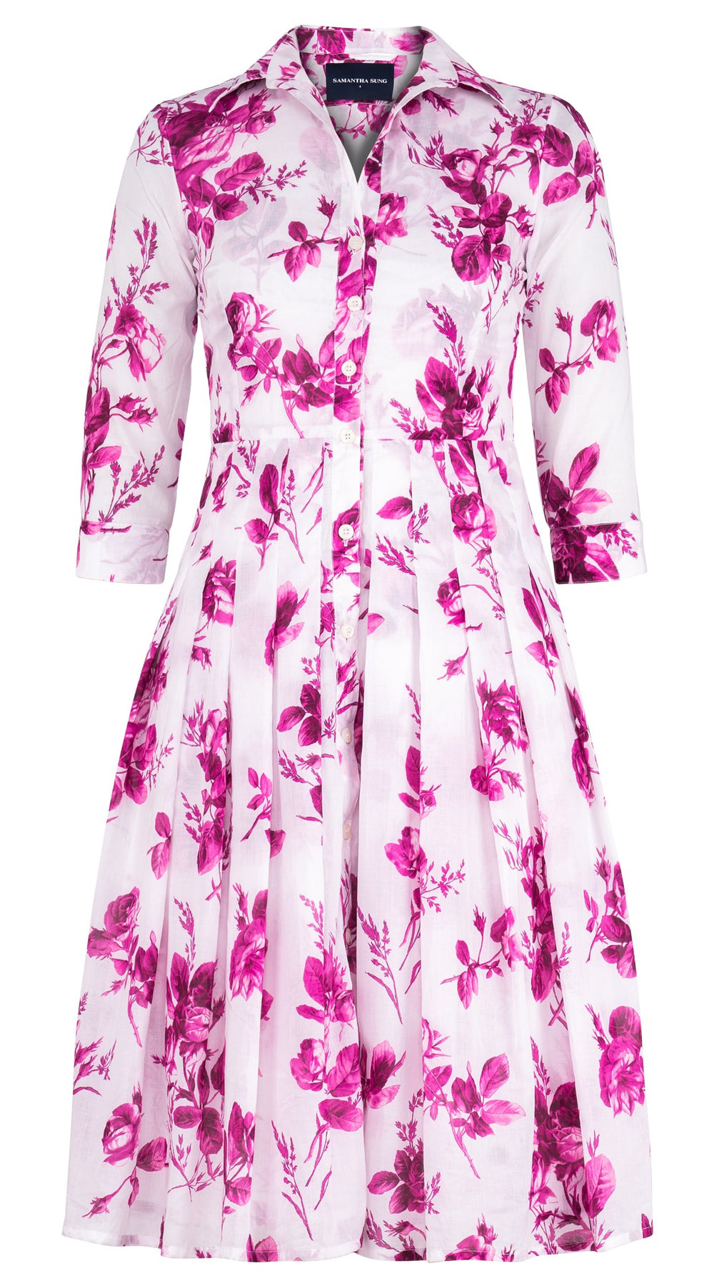 Audrey Dress #4 Shirt Collar 3/4 Sleeve Long Length Cotton Musola (Thorn Bud Rose Small White)
