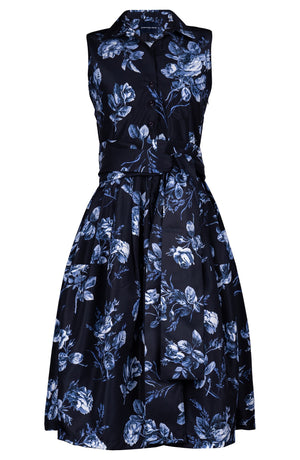 Claire Dress Shirt Collar Sleeveless Long Length Poliamide Taffta (Thorn Bud Rose Ground)