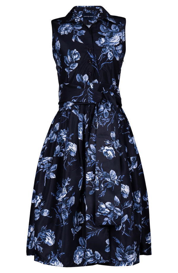 Claire Dress Shirt Collar Sleeveless Long Length Poliamide Taffta (Thorn Bud Rose Ground)