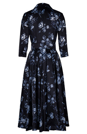 Laurent Dress Shirt Collar 3/4 Sleeve Midi Length Poliamide Taffta (Thorn Bud Rose Ground)