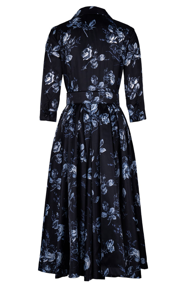 Laurent Dress Shirt Collar 3/4 Sleeve Midi Length Poliamide Taffta (Thorn Bud Rose Ground)