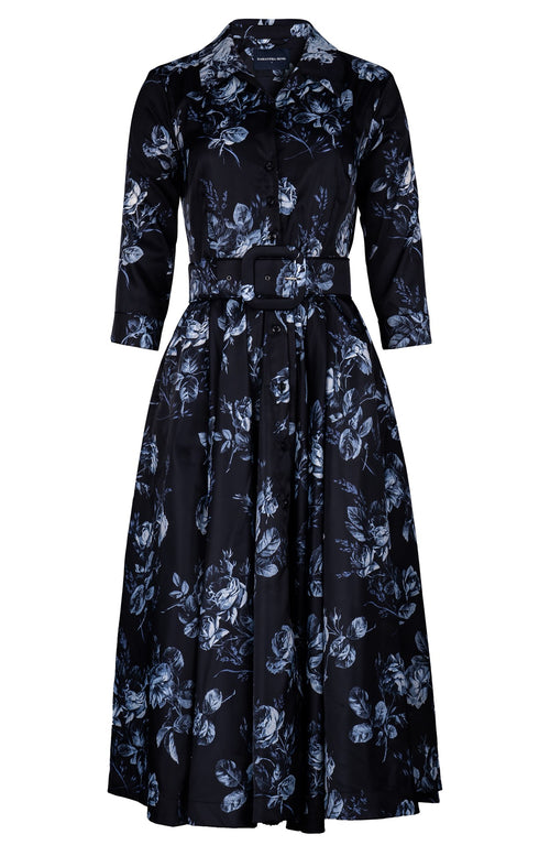 Laurent Dress Shirt Collar 3/4 Sleeve Midi Length Poliamide Taffta (Thorn Bud Rose Ground)
