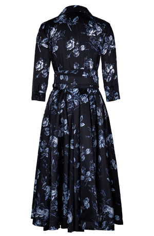 Laurent Dress Shirt Collar 3/4 Sleeve Midi Length Poliamide Taffta (Thorn Bud Rose Ground)