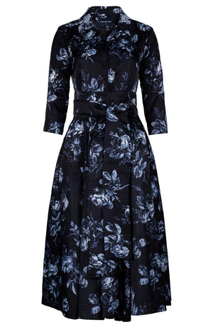 Laurent Dress Shirt Collar 3/4 Sleeve Midi Length Poliamide Taffta (Thorn Bud Rose Ground)