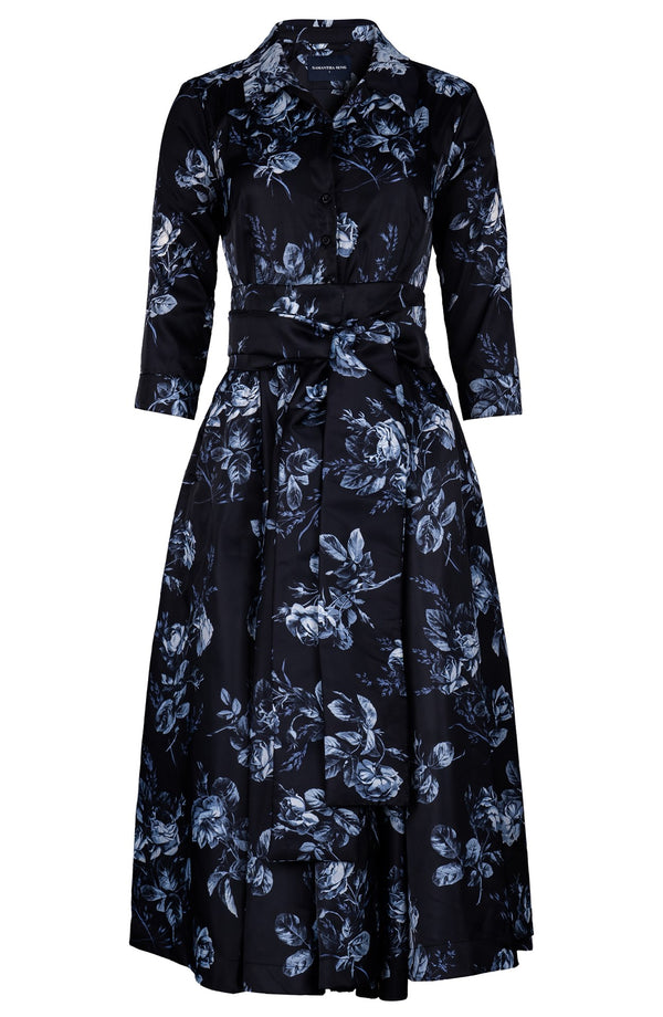 Laurent Dress Shirt Collar 3/4 Sleeve Midi Length Poliamide Taffta (Thorn Bud Rose Ground)