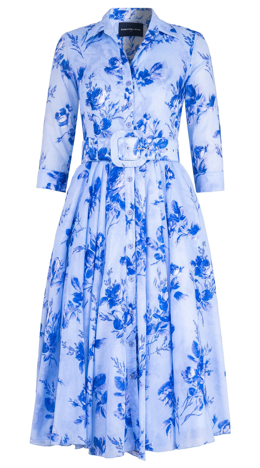 Aster Dress Shirt Collar 3/4 Sleeve Midi Length Cotton Musola (Thorn Bud Rose Small Ground)