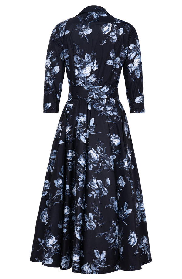 Aster Dress Shirt Collar 3/4 Sleeve Midi Plus Length Poliamide Taffta (Thorn Bud Rose Ground)