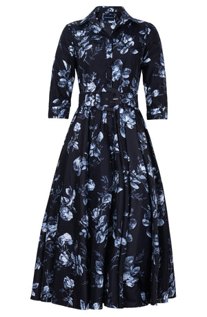 Aster Dress Shirt Collar 3/4 Sleeve Midi Plus Length Poliamide Taffta (Thorn Bud Rose Ground)