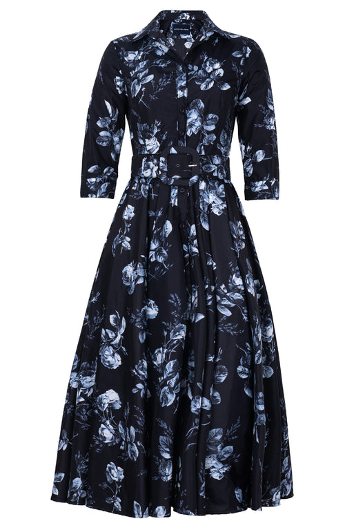 Aster Dress Shirt Collar 3/4 Sleeve Midi Plus Length Poliamide Taffta (Thorn Bud Rose Ground)