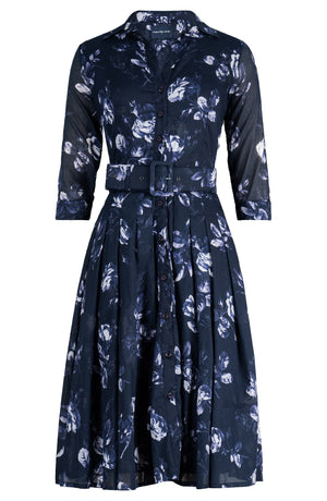 Audrey Dress #4 Shirt Collar 3/4 Sleeve Long Length Musola (Thorn Bud Rose Ground)