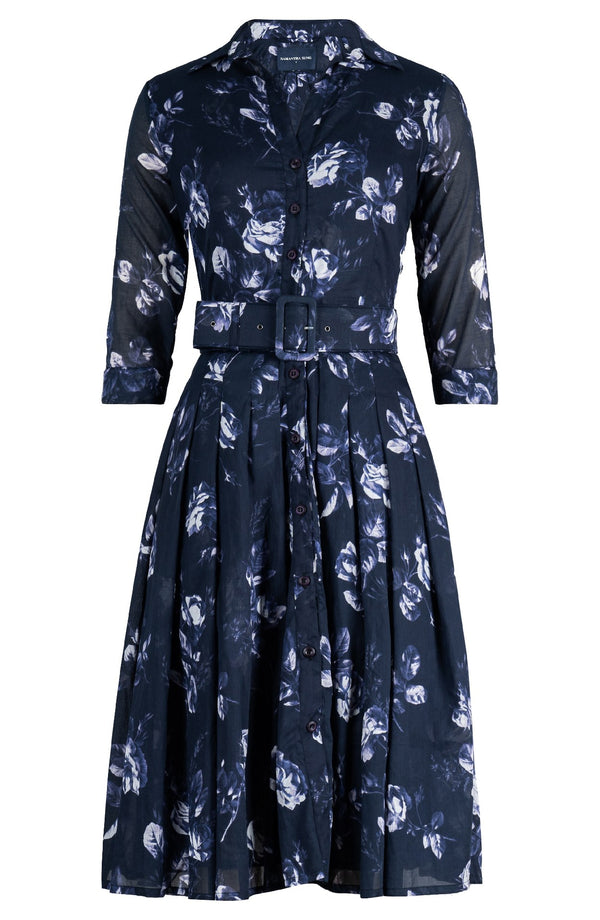 Audrey Dress #4 Shirt Collar 3/4 Sleeve Long Length Musola (Thorn Bud Rose Ground)