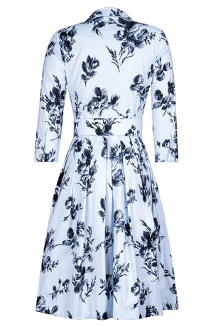 Audrey Dress #1 Shirt Collar 3/4 Sleeve Regular Length Cotton Stretch (Thorn Bud Rose Ground)