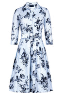 Audrey Dress #1 Shirt Collar 3/4 Sleeve Regular Length Cotton Stretch (Thorn Bud Rose Ground)