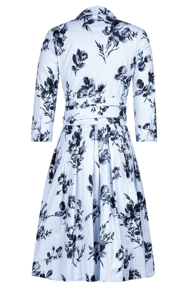 Audrey Dress #1 Shirt Collar 3/4 Sleeve Regular Length Cotton Stretch (Thorn Bud Rose Ground)