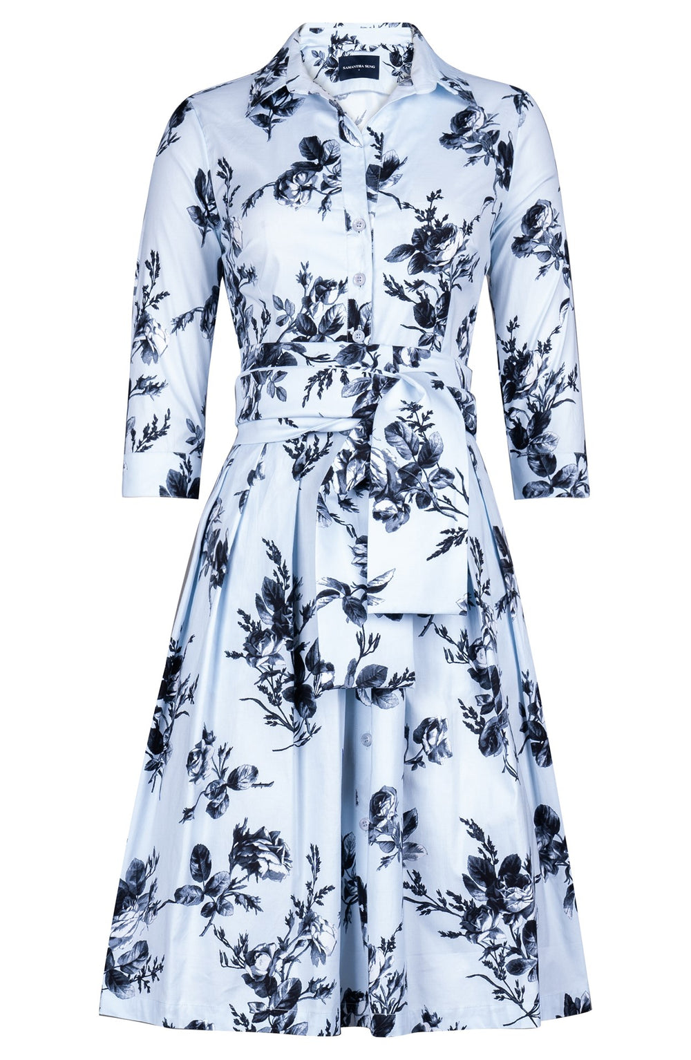 Audrey Dress #1 Shirt Collar 3/4 Sleeve Regular Length Cotton Stretch (Thorn Bud Rose Ground)