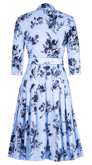 Audrey Dress #2 Shirt Collar 3/4 Sleeve Long Length Cotton Stretch (Thorn Bud Rose Small Ground)