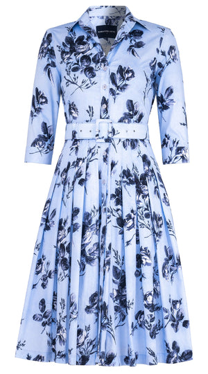 Audrey Dress #2 Shirt Collar 3/4 Sleeve Long Length Cotton Stretch (Thorn Bud Rose Small Ground)