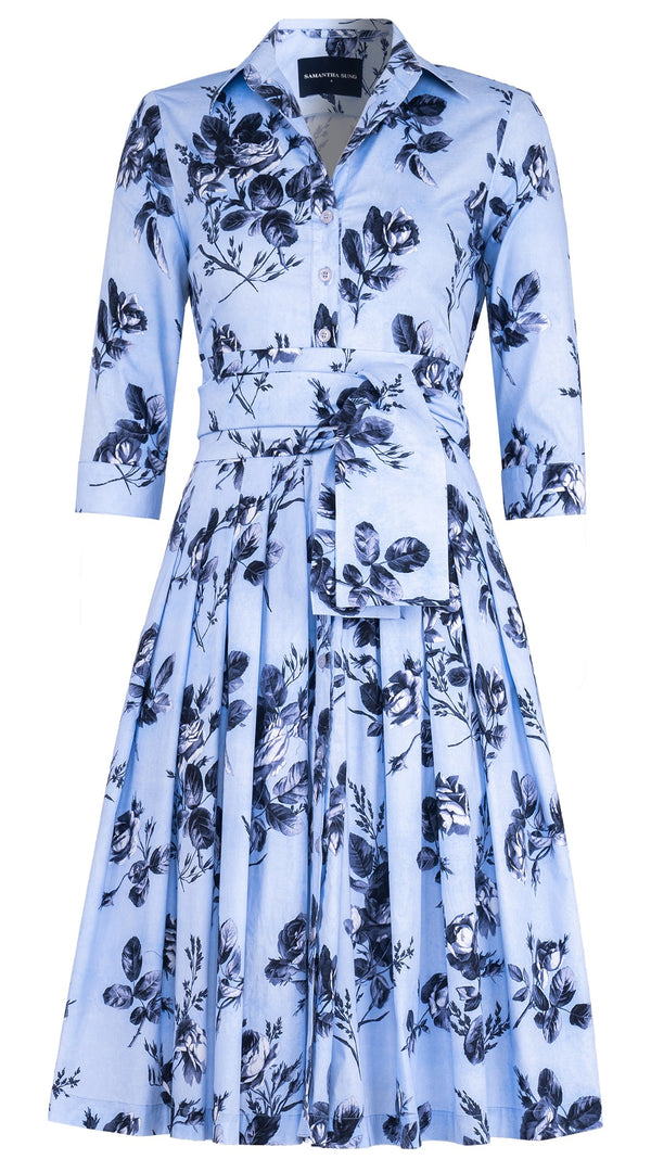 Audrey Dress #2 Shirt Collar 3/4 Sleeve Long Length Cotton Stretch (Thorn Bud Rose Small Ground)