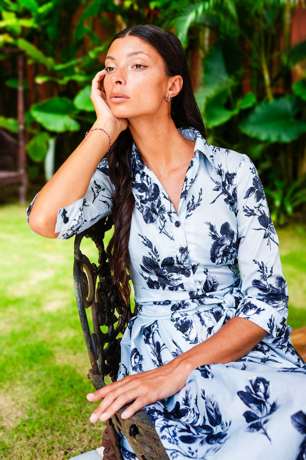 Audrey Dress #7 Shirt Collar 3/4 Sleeve Midi Length Nylon (Thorn Bud Rose Ground)