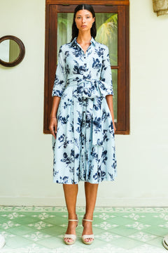 Audrey Dress #7 Shirt Collar 3/4 Sleeve Midi Length Poliamide Taffta (Thorn Bud Rose Ground)