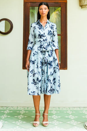 Audrey Dress #7 Shirt Collar 3/4 Sleeve Midi Length Nylon (Thorn Bud Rose Ground)