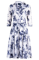 Audrey Dress #4 Shirt Collar 3/4 Sleeve Long Length Cotton Musola (Thorn Bud Rose White)
