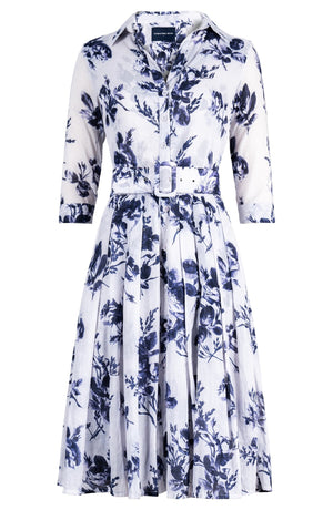 Audrey Dress #4 Shirt Collar 3/4 Sleeve Long Length Cotton Musola (Thorn Bud Rose White)