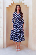 Aster Dress Shirt Collar 3/4 Sleeve Midi Length Cotton Musola (Tie Dye Dot)