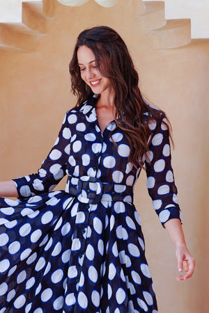 Aster Dress Shirt Collar 3/4 Sleeve Midi Length Cotton Musola (Tie Dye Dot)