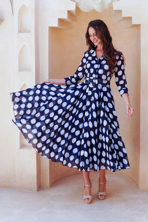 Aster Dress Shirt Collar 3/4 Sleeve Midi Length Cotton Musola (Tie Dye Dot)