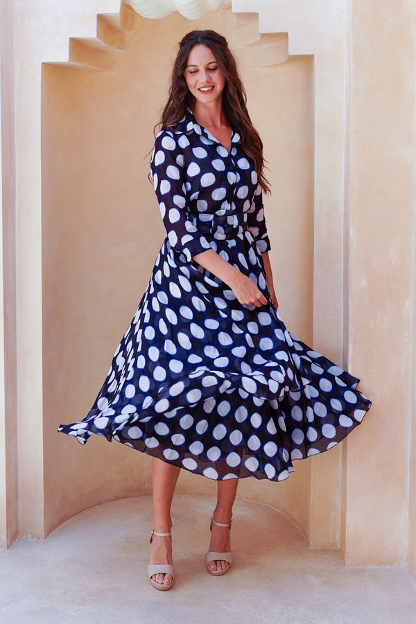 Aster Dress Shirt Collar 3/4 Sleeve Midi Length Cotton Musola (Tie Dye Dot)